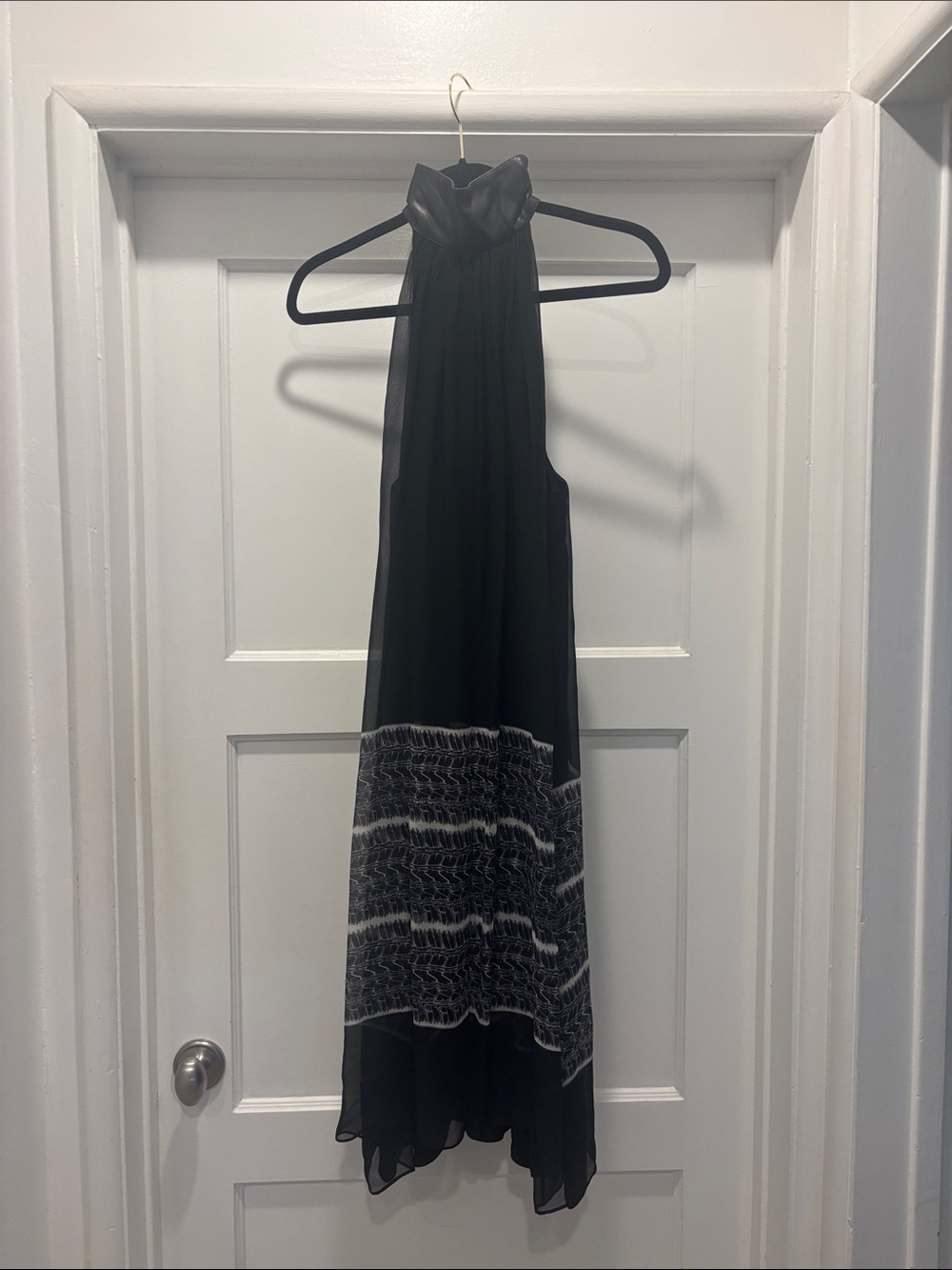 Thomas Wylde Black Halter Midi Dress with White Patterned Hem